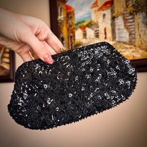 Vintage Beaded Kisslock Black Clutch Gold Purse Bechamel Bag